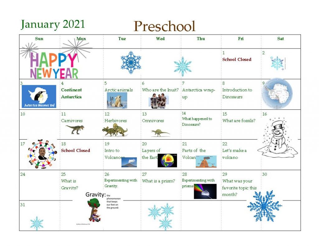 Lf January 2021 Pre K Calendar Weinackers Montessori