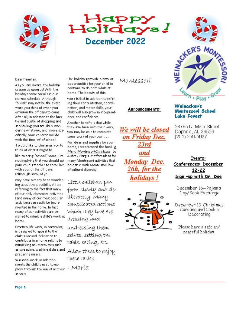 Lf 1 December 2022 Newsletter Weinackers Montessori