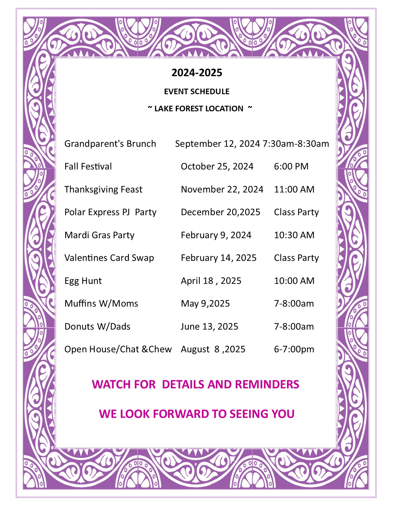 Events Schedule 2425 LF Weinacker's Montessori