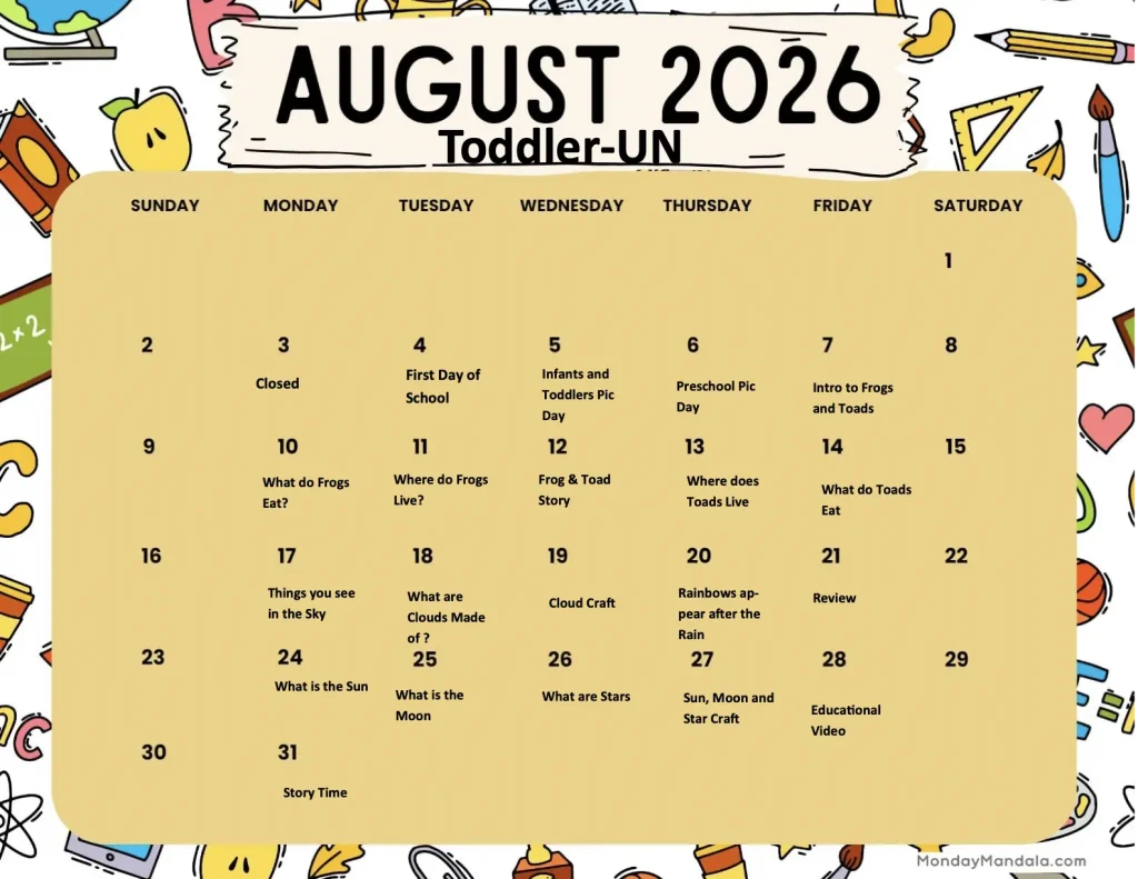 hillcrest toddler august calendar
